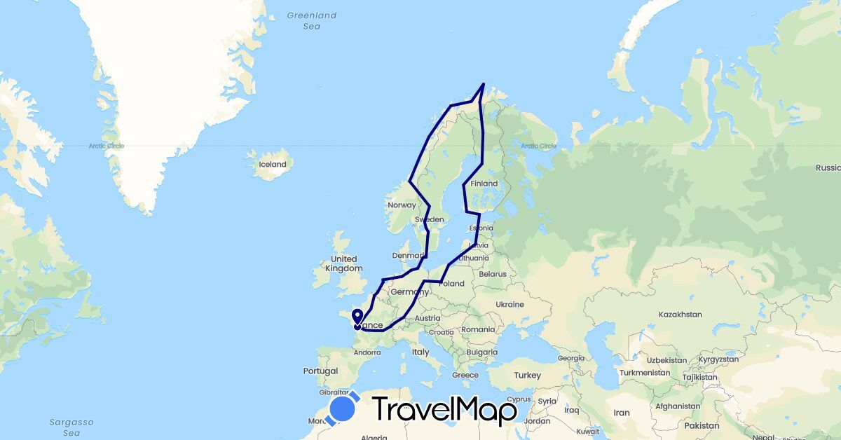 TravelMap itinerary: driving in Belgium, Switzerland, Germany, Estonia, Finland, France, Lithuania, Latvia, Netherlands, Norway, Poland, Sweden (Europe)